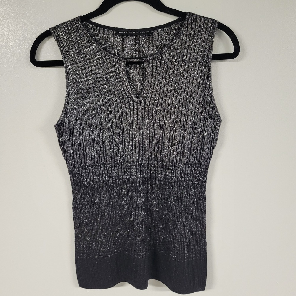 White House Black Market Shimmer Ribbed Knit Sleeveless Top Black Silver Ombre